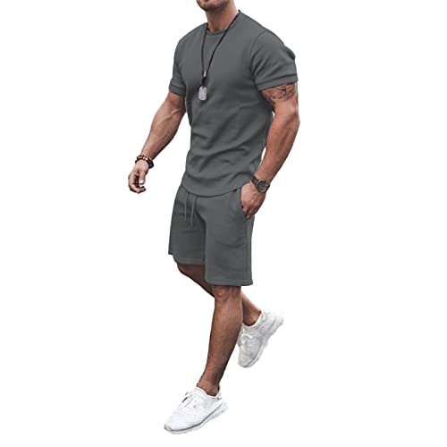 amropi Chándal Deportivo para Hombre de 2 Piezas Camiseta+Shorts Verano Conjunto XXL,Gris