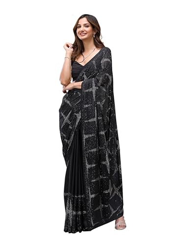 Image of TRENDMALLS Women's Silk Siroski Work Saree with Unstitch Blouse Piece