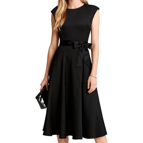 Vicloon Cocktailkleid Damen Elegant 1950er Vintage A-Line Swing Knielang Kurzarm midilang festlichs Kleid mit Gürtel Festlich Winter Hochzeitkleid...