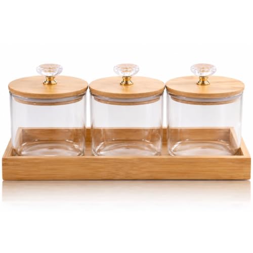 Image of Borosilicate Transparent Glass Storage Jar Set with Bamboo Tray, Set of 3 (500ml) Airtight Round Glass Containers with Bamboo Lids & Silicone Seal, Dry Fruit Storage Jars for Spice
