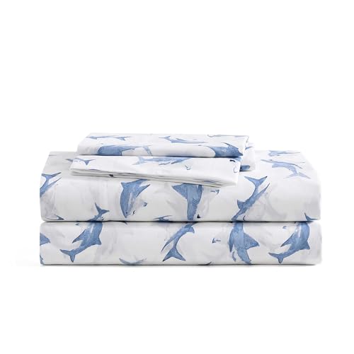Image of Poppy & Fritz - Full Size Sheet Set, 100% Long-Staple Percale Cotton Bedding, Crisp & Cool, Deep Pockets, Bed Sheets with Matching Fitted Sheet & Pillowcases (Shark Attack Blue)