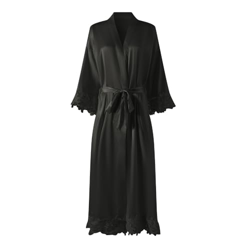 Image of Women's Long Bride Bridesmaid Robes with Lace Trim Embroidery Bridal Silky Satin Kimono Wedding Party Bathrobe