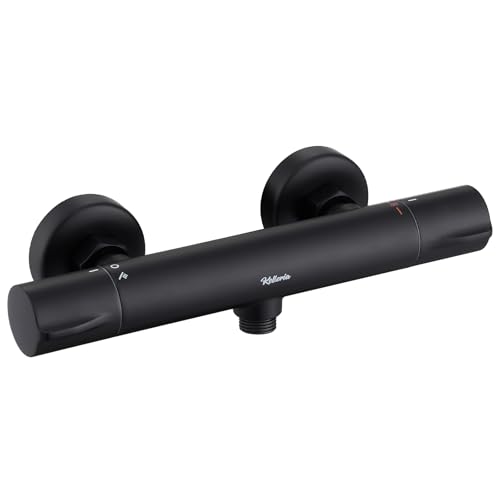 Kelleria Shower Mixer Tap with Thermostat, Shower Fitting Matte Black, Surface-Mounted Shower Thermostat, Bathroom Mixer Tap with Safety Lock at 38 °C, Round Design Mixer Tap