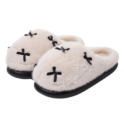 Cute Bow Fuzzy Slippers for Women, Fluffy Plush Warm House Slippers