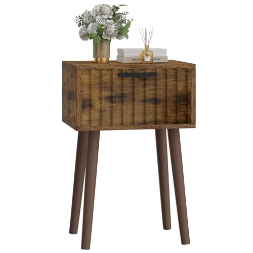 YMYNY Nachttisch, Beistelltisch, Nachtschrank, Magnetschublade mit geriffelten Fronten, Massivholz Beinen, Modern, Couchtisch für Schlafzimmer...