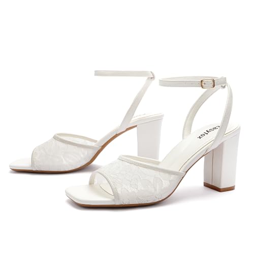 Image of Easyfox Open Toe Chunky Heel Sandals for Women Ankle Strap 3 Inch High Heels Dress Wedding Block Shoes