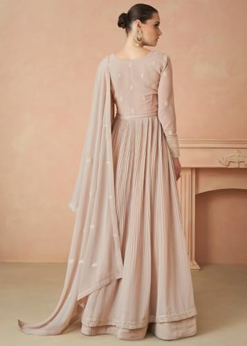 Image of Miss Ethnik Women's Peach Faux Georgette Stitched Top, Bottom and Dupatta Full Sleeve Embroidered Anarkali Gown (ME-1144)