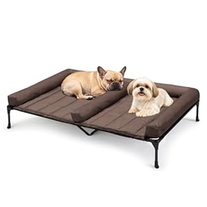 Veehoo Cooling Raised Dog Beds + Waterproof Double Dog Bed Cushion for Two Medium Dogs, Elevated Pet Cot with Removable Bolster Mat, Breathable Mesh, No-Slip Feet, Pets Couch Bed, 49x 33inches, Brown