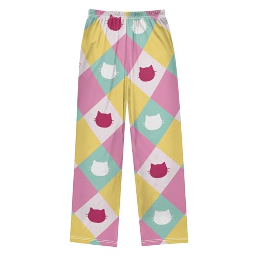 Cat on Plaid Boys Pants Boys Athletic Pants Long Pant for Boywith Pockets Wide-Leg Size 6-14Y2