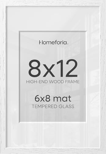 Image of Homeforia 8x12 Picture Frame White, High End Oak 8 x 12 Wood Frames with Mat 6 by 8 Print, 8by12 Wooden Frame Matted to 6x8 inch Photo, 12x8 Wall or Tabletop Frames, Tempered Glass, Wall Kit, Set of 3