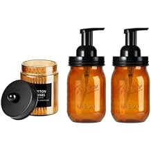 Amolliar Plastic Mason Jar Foaming Soap Dispenser Pump Lid, Amber Foam Soap Dispenser for Bathroom Kitchen & Amber Glass Qtip Holder, Apothecary Jars with Black Metal Lid & Stickers