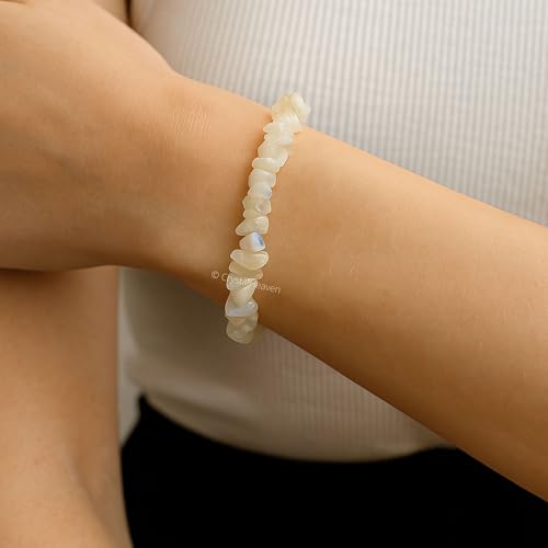 Image of Certified Rainbow Moonstone Bracelet for Women Men with Healing Crystal and Reiki Stone - Beautiful Gemstone Beaded Bracelet for Balance, Harmony & Positive Energy (Chips Stone Beads)