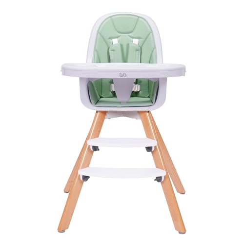 Image of 3-in-1 Wooden Baby High Chair - Convertible Booster Seat With Double Removable Tray, 5-Point Harness, PU Cushion and Footrest for Babies and Toddlers, Green