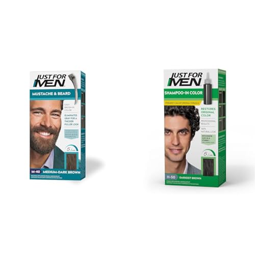 Just For Men Mustache & Beard, Beard Dye for Men with Brush Included for Easy Application & Shampoo-In Color (Formerly Original Formula), Darkest Brown, H-50, Pack of 1