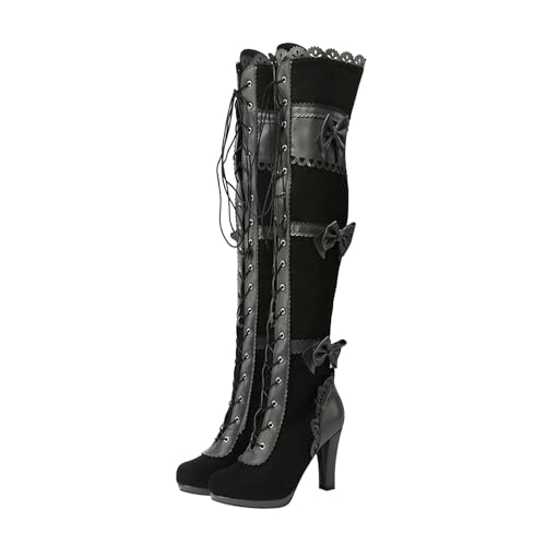 ESSUE Femme Bottes Haute en Cuir PU Zippées Hiver Longue Boots steampunk Sexy Boots Talon Bottes En Cuir à Laçage Punk Gothique Pointues Longues Bottes Hautes...