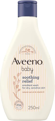Aveeno Baby Soothing Relief Emollient Wash (1 x 250ml) Unscented Gentle and Tear-Free Baby Wash with Natural Oat Oil & Vitamin E Skin Feels Moisturised for 24 Hours for Dry Sensitive Skin