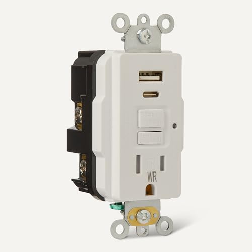 Image of Amazon Basics Weather Resistant GFCI Receptacle with USB-A and USB-C Ports, 15 Amp Self-Test Outlet, Tamper Resistant, White, 1 Pack