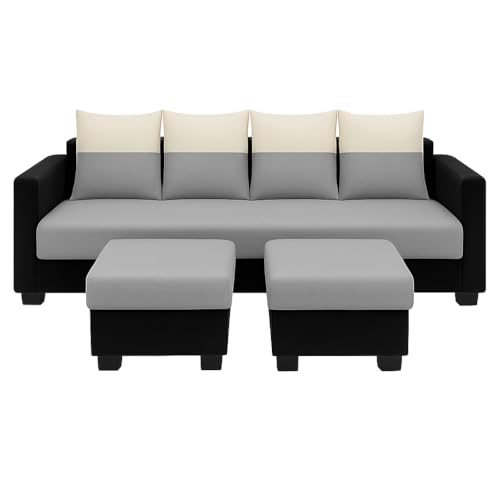 Image of SOCOZI Konva 6 Seater L Shape Sofa Set with 2 Movable Ottomans | Flexible Layout | Soft Velvet Suede Fabric | Modern Design | Plush Comfort Cushions for Living Room (Light Grey-Cream-Black)