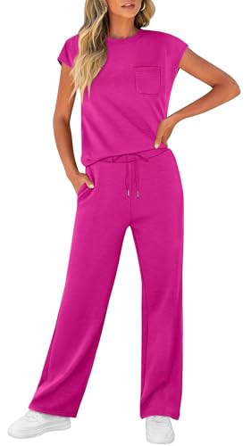 Image of WIHOLL 2 Piece Sets for Women Casual Summer Travel Vacation Outfits Cap Sleeve Lounge Set