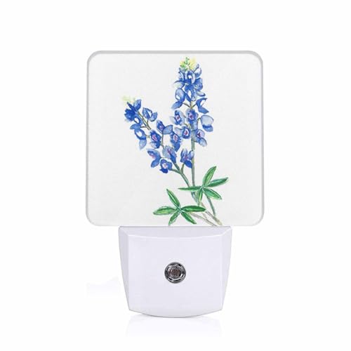 Image of Led Night Light,Blue Texas Watercolor Bluebonnet Led Night Light Plug Into Wall with Dusk to Dawn Light Sensor White Energy Efficient Nightlight for Bedroom Hallway Living Room Kitchen