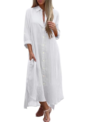 shownicer Leinenkleid Damen Blusenkleid V-Ausschnitt Langarm Freizeitkleid Casual Einfarbig Leinen Maxikleid Knopfleiste Shirtkleider mit Taschen...
