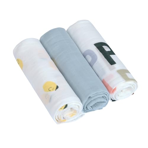 LÄSSIG Baby Mulltuch Spucktuch Puckdecke 3er Set Baumwolle 80 x 80 cm/Heavenly Soft Swaddle L Happy Fruits Lemon