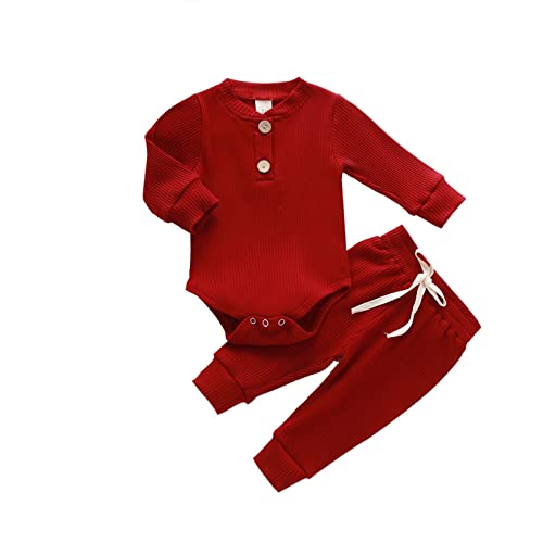 Image of CIYCUIT Newborn Baby Boy Clothes Ribbed Knit Long Sleeve Bodysuit Pants 2-Piece Fall Winter Outfits