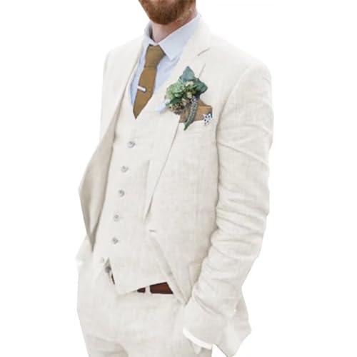 Retro Linen Men Suit Beach Wedding Suit Summer Slim Fit 3 Pieces Light Weight Linen Suit Jacket Vest Pant Prom Tuxedo