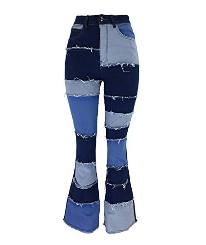 Women's Stylish High Waist Patchwork Jeans Distressed Hippie Vintage Flared Bell Denim Pants2