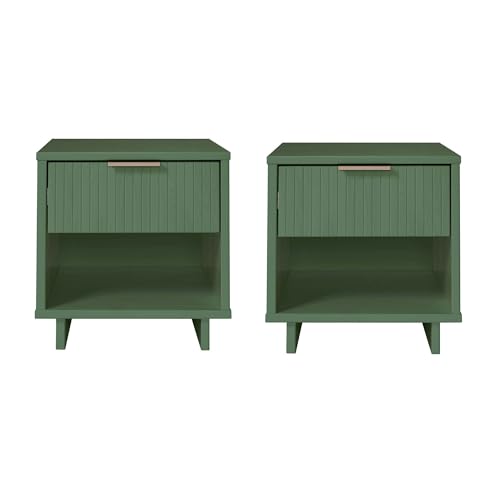 Manhattan Comfort Granville - Juego de 2 mesitas de noche de 1 cajón, moderna y glamurosa con diseño acanalado y asas doradas, ideal para sala de estar y dormitorio, color verde salvia