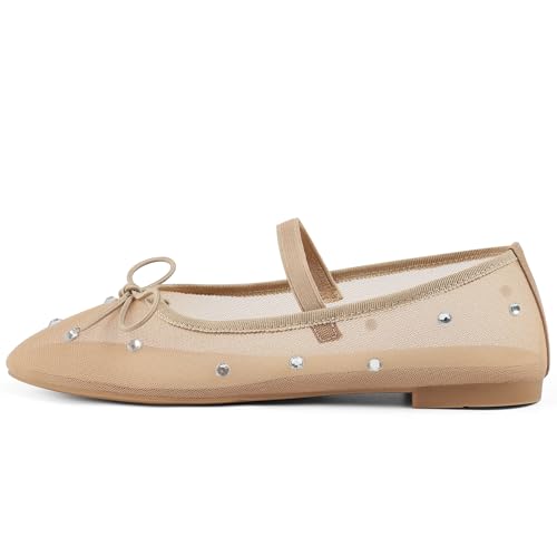 Mesh Ballet Flats for Women Crystal Rhinestone Mary Jane Shoes Comfortable Round Toe Ballerina Flats with Stretch Strap Trendy
