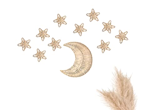 WAIKUA® Rattan Mond Wanddeko Set mit 10 Sternen - Handgefertigte Boho...