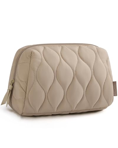 Image of BAGSMART Makeup Bag, Travel Cosmetic Bag, Puffy Padded Make Up Bag for Women, Makeup Organizer Case, Wide-open Pouch Purse, Travel Essentials, Toiletries Accessories Brushes, Camel(Khaki)