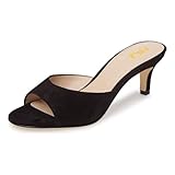 FSJ Women Comfort Low Kitten Heel Mules Peep Toe Suede Sandals Slip On Dress Pump Shoe 6CM Black Size 9