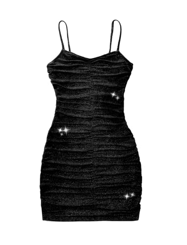 Mebius Girls Spaghetti Strap Bodycon Ruched Dress V Neck Party Summer Sleeveless Short Tight Pencil Dresses