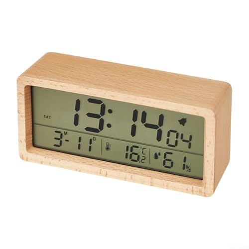 Reloj despertador de madera con pantalla grande que incluye fecha, temperatura, humedad y funciones de alarma personalizables (madera amarilla)
