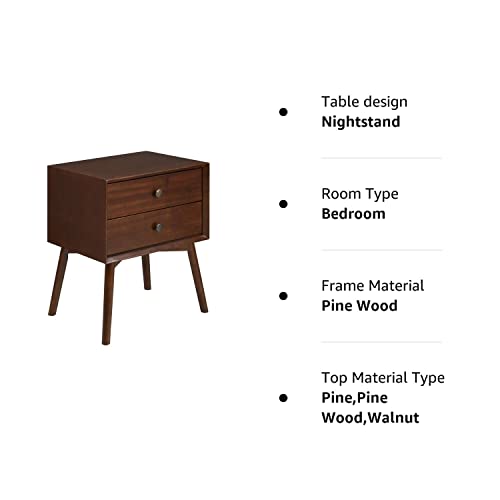 Walker Edison Mid Century Modern Wood Nightstand Side Table Bedroom Storage Drawer Bedside End Table, 2 Drawer, Walnut #TOP5