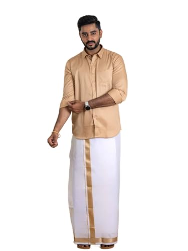 Image of RAMRAJ COTTON Men Premium Cotton Full Sleeves Shirt and Fancy Border Dhoti Set Luxe Set