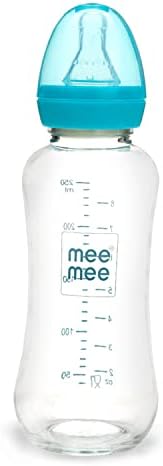 Mee Mee Glass Feeding Bottle 240ml| Eazy Flo Technology, Anti-Colic Valve, Anti-Slip Ergonomic Shape & Slim Neck | BPA-Free, Borosilicate Glass Feeding Bottle for 0m+/Babies Upto 3 Years (Blue)