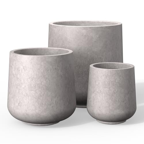 Image of Kante Set of 3 CON Gray Concrete Curved Planters 16.5 inch 13 inch 9.4 inch Dia | Drainage for Outdoor, Rubber Plug for Indoor Home, All-Weather Cement Pot, Handcraft, Lightweight & Durable, Anti-UV, Round