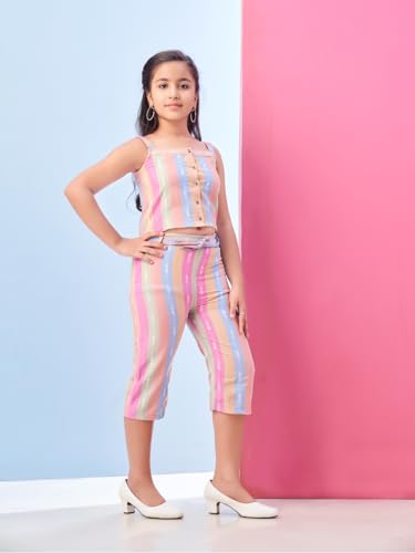 Image of Aarika Girls Casual Wear Pink Colour Stripes Print Cotton Top & Pant With Belt