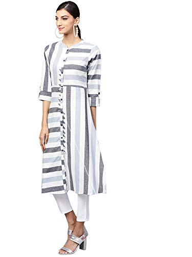 Image of INDO ERA Women's Cotton Striped A-Line Kurta(IE14KT3OW1012)