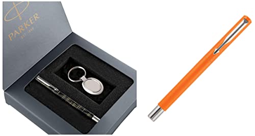 Image of Parker Vector Spark Black Special Edition Roller Ball Pen Gift Set - with Round Key Chain Fountain Pen Chrome Trim Fine Nib (Orange)