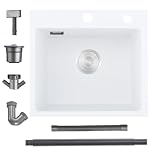 Small Kitchen Sink, 50x45cm, Bokaiya Drop in Topmount Quartz Composite Kitchen Waste Kit, Deep Single Bowl Campervan Sink, with 2 Tap Holes (White)