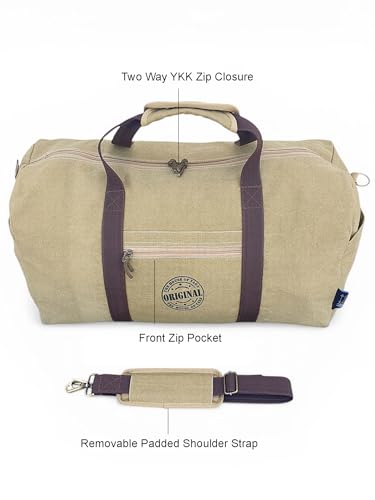 Image of The House of Tara Canvas Travel Duffle Bag | 53 litres | Sports Duffel | Gym Bags | for Men and Women | Detachable Broad Strap | Airline Carry-On Luggage | Oversize (Camel Color)