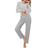 Terecey Pyjama Damen Lang V-Ausschnitt Schlafanzug Set Baumwolle Loungewear Zweiteiliger Soft Nachtwäsche Gestreift Sleepwear Langarm Hausanzug Frauen Winter Schlafanzüge, Grau M