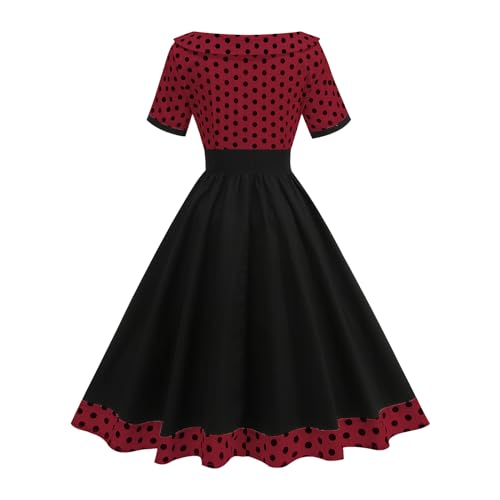 Image of Women's Boat Neck Polka Dot Cocktail Midi Dress Vintage Retro 1950s Style Swing Tea Length Wedding Guest Party Dresses