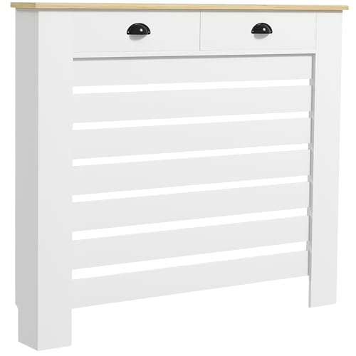 HOMCOM Couvercle de radiateur, cache radiateur, grille à lattes horizontales, avec 2 tiroirs, pour salon, chambre à coucher, couloir, en bois, 111 x 19 x...