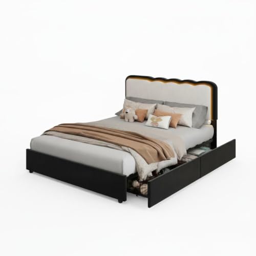Image of Garvee Irregular Wave LED 2-Drawer Soft Upholstered Bed, Soft Padding