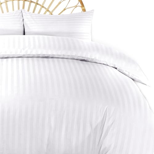 Siesta Zen 100% Cotton Luxury Hotel Quality Sateen Duvet Cover Set 2cm Satin Stripe Hidden Button Closure Ultra-Soft Sateen Weave Breathable & Hypoallergenic (White Queen 240x220cm)